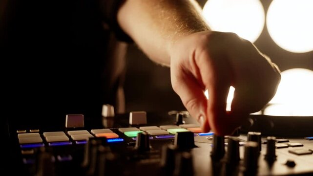 Close-up of a dj's hand expertly manipulating knobs on a sound mixer, creating dynamic beats in a vibrant nightclub filled with energy and excitement