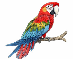 Fototapeta premium Scarlet macaw perched on a branch, detailed illustration.