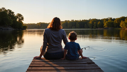 Mother’s Day celebration Mother and son fishing on a dock at sunset.