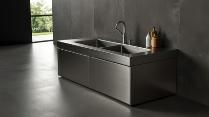 Modern stainless steel kitchen sink with double basin and integrated countertop.