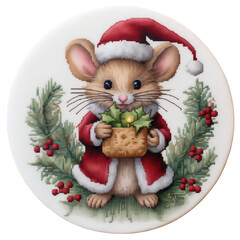 Adorable cross stitch mouse wearing Santa outfit with a Christmas gift.
