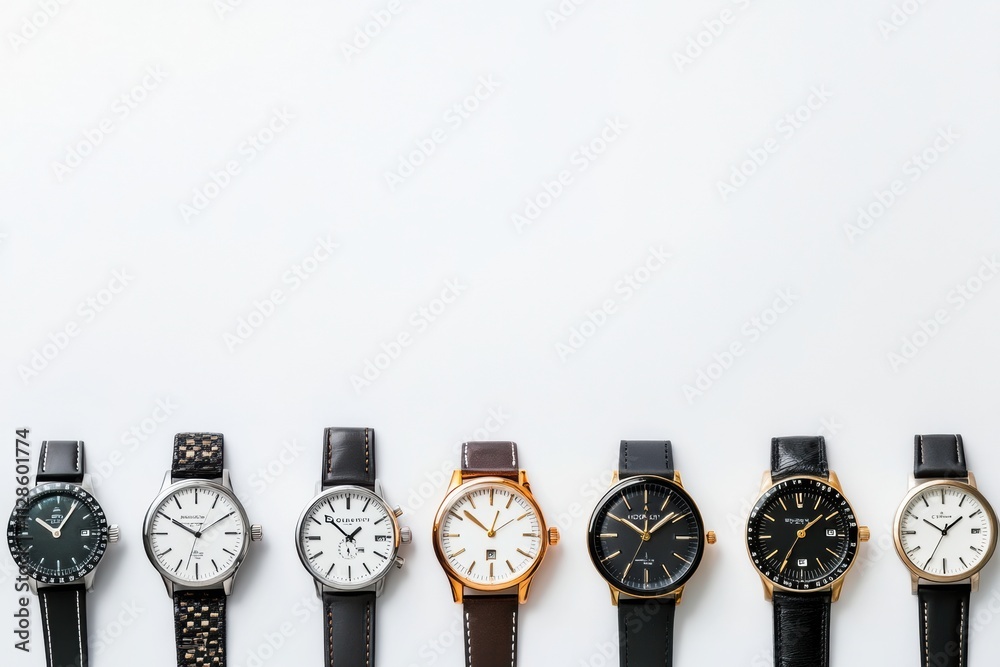 Aufkleber Different styles of wristwatches are displayed in a row on a clean white surface, showcasing various designs and colors for inspiration. Generative AI