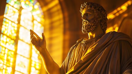 The Statue of Zeus at Olympia bathed in golden light from stained-glass windows emphasizing its divine majesty.