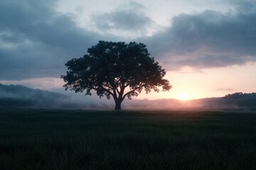 Fototapeta premium Serene Sunrise Misty Meadow Lone Tree Silhouette Autumn Landscape