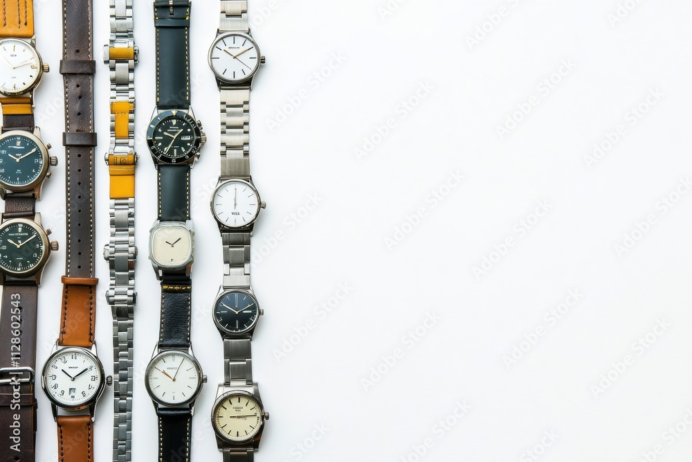 Poster Diverse wristwatches arranged neatly on a clean white backdrop, highlighting different styles and designs for potential text inclusion. Generative AI