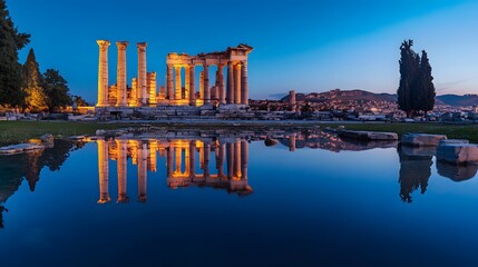 The Temple of Artemis glowing at twilight its grand columns reflected in a serene pool.