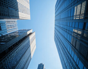 Fototapeta premium This dramatic upward view showcases gleaming skyscrapers against a blue sky, representing the energy and vitality of modern urban life and architecture in London UK