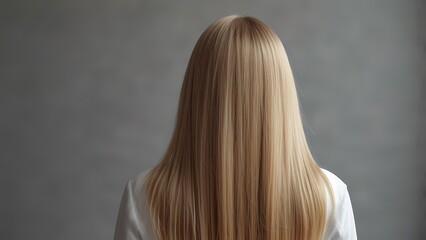 Naklejka premium A woman with long, straight blonde hair on grey background. Back view, Beauty salon portrait.