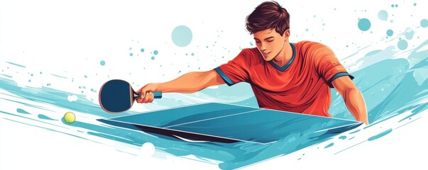 Young man playing table tennis in dynamic cartoon style