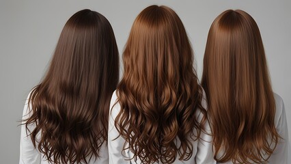 Three women showing 3 hair type back view. Beauty salon portrait.