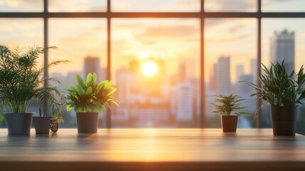 Fototapeta premium Serene Sunset Cityscape View from Office Window with Indoor Plants