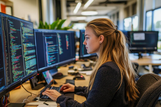Female caucasian young adult software developer coding in modern office environment