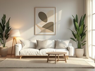 Modern Minimalist Living Room with Cozy Sofa and Indoor Plants