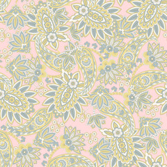 Obraz premium Gorgeous paisley seamless vector pattern with fantastic flowers and leaves. Bohemian textile print inspired by batik. Vintage style