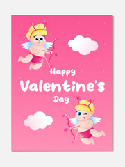  Logo love is in the air for Valentine's Day. Vertical card with cute angels cupids with bow and arrows on a blue background with clouds. Vector illustration