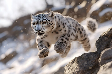 A snow leopard leaps gracefully between snowy rocks in a winter landscape.