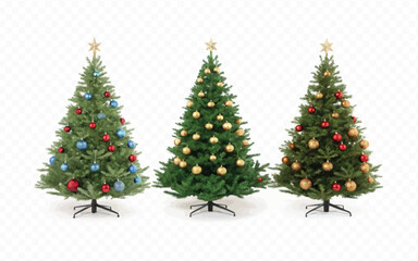 abstract 3d different style Christmas tree with beautiful ornaments isolated on white background