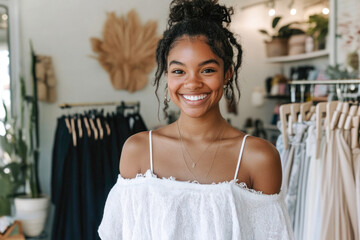 Naklejka premium Smiling african female young adult in boutique clothing store