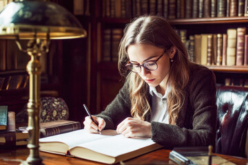 Young caucasian female studying in a library with glasses and books