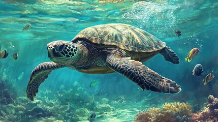 Obraz premium Green sea turtle gracefully swims in vibrant coral reef, surrounded by colorful fish.