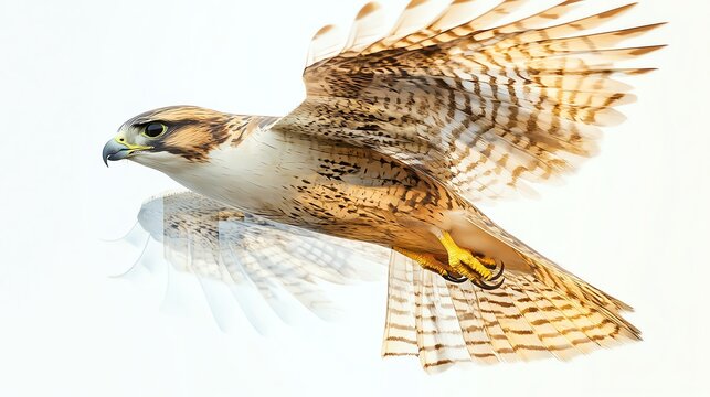 A majestic falcon soaring gracefully through the clear sky, showcasing its incredible wingspan and beauty.