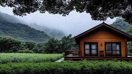 A picturesque house nestled in the mountains, surrounded by lush cannabis fields under a soft, misty morning light
