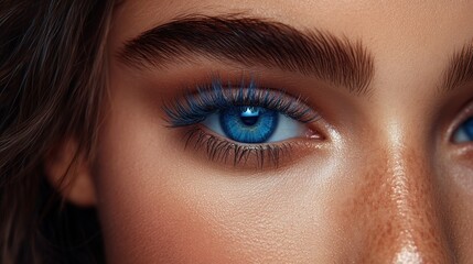 Obraz premium Close-up of woman's eye with vibrant blue makeup.