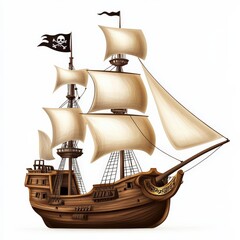A detailed illustration of a classic pirate ship with sails, a skull and crossbones flag, and wooden structure, evoking the adventurous spirit of the high seas.