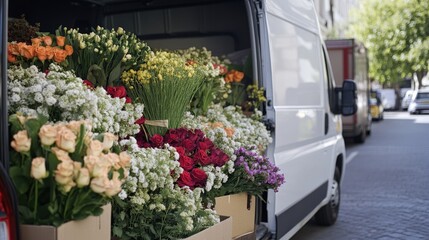White Van Filled With Colorful Fresh Flowers For Delivery