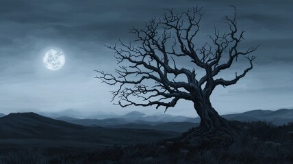 Spooky Halloween Night Dead Tree Full Moon Desert Landscape
