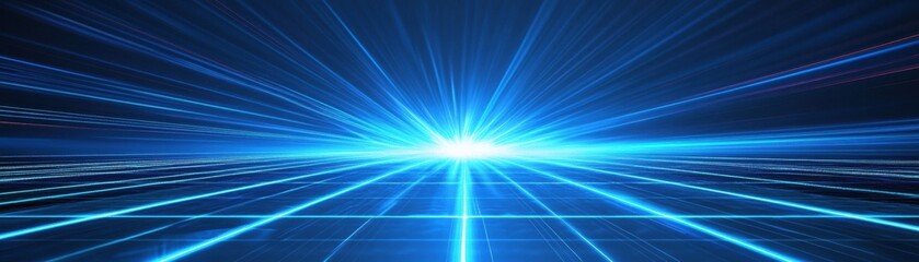 Blue laser light rays shining on a glowing grid in the dark