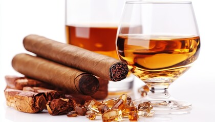 Indulgence Two Cigars and Two Glasses of Whisky on White. Exquisite Taste in Every Detail.