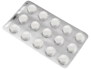 Round tablets in a blister pack isolated on a transparent background. Completely in focus.