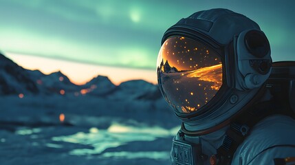 An astronaut on a frozen alien lake with glowing auroras and distant mountains reflected in their helmet visor.