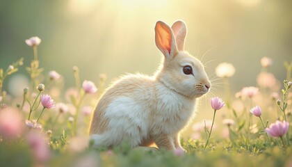Fluffy bunny sitting in a field of flowers, cheerful spring atmosphere, warm sunlight