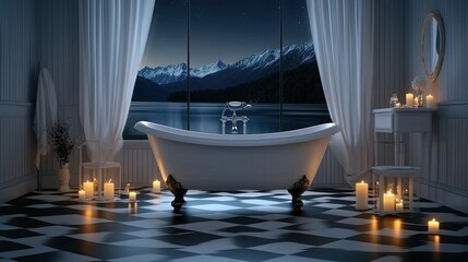 Experience tranquility in a stylish bathroom featuring a bathtub surrounded by candles and breathtaking mountain views
