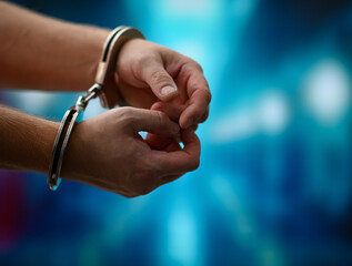 Handcuffed wrists of a criminal arrested for committing a crime, law enforcement concept