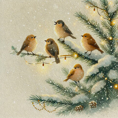 Fototapeta premium A cozy winter illustration of small birds perched on a snow-covered pine tree branch decorated with glowing fairy lights.
