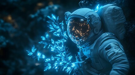 An astronaut standing near a glowing alien tree with bioluminescent branches mirrored in their helmet visor.