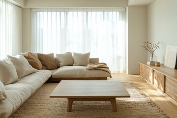 Minimalist, living room photo of Scandinavian interior and japandi interior combination of living room with sofa and wood table. Generative AI
