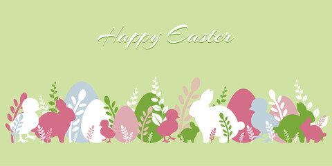 Easter background. Cute hand drawn Easter horizontal background with easter eggs, bunnies, chickens and flowers. Great for Easter Cards, banner, wallpapers. Vector illustration EPS 10