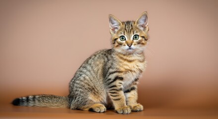 Obraz premium Adorable tabby kitten with striking green eyes sitting on warm brown background