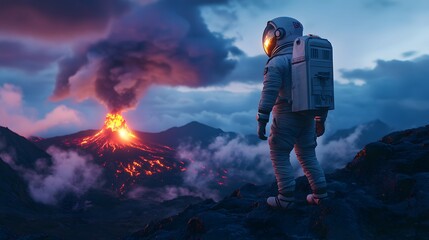 Obraz premium An astronaut standing on a volcanic ridge with a distant erupting volcano reflected in their helmet visor.
