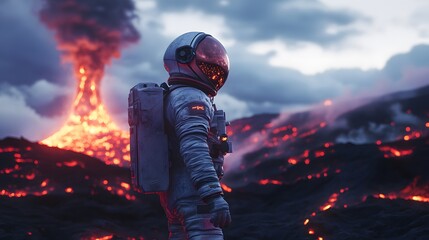 An astronaut standing on a volcanic ridge with a distant erupting volcano reflected in their helmet visor.