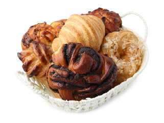 Different delicious pastries in basket isolated on white