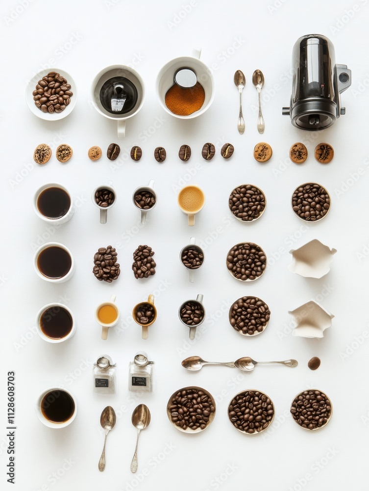 Leinwandbilder Flat lay showcases various coffee beans in bowls, cups filled with different brews, and spoons arranged neatly for an appealing presentation. Generative AI