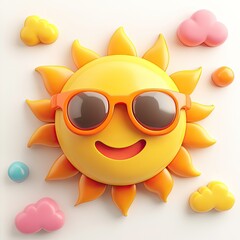 3D icon of smiling sun with sunglasses. Playful 3D sun design in yellow hues with colorful clouds on white background. AI generated image.