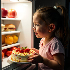 A child takes a cake out of the refrigerator at night, the concept of improper nutrition