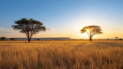 Obraz premium Sunlit savanna grasses releasing moisture into the air, symbolizing balance in arid ecosystems