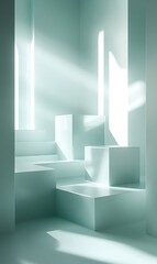 Cyan square shapes on a light cyan background, with soft gradients and shadows adding depth. 